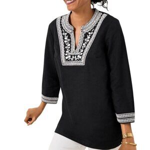 Talbots Embroidered Linen Cotton Tunic Black 3/4 Sleeve Size L